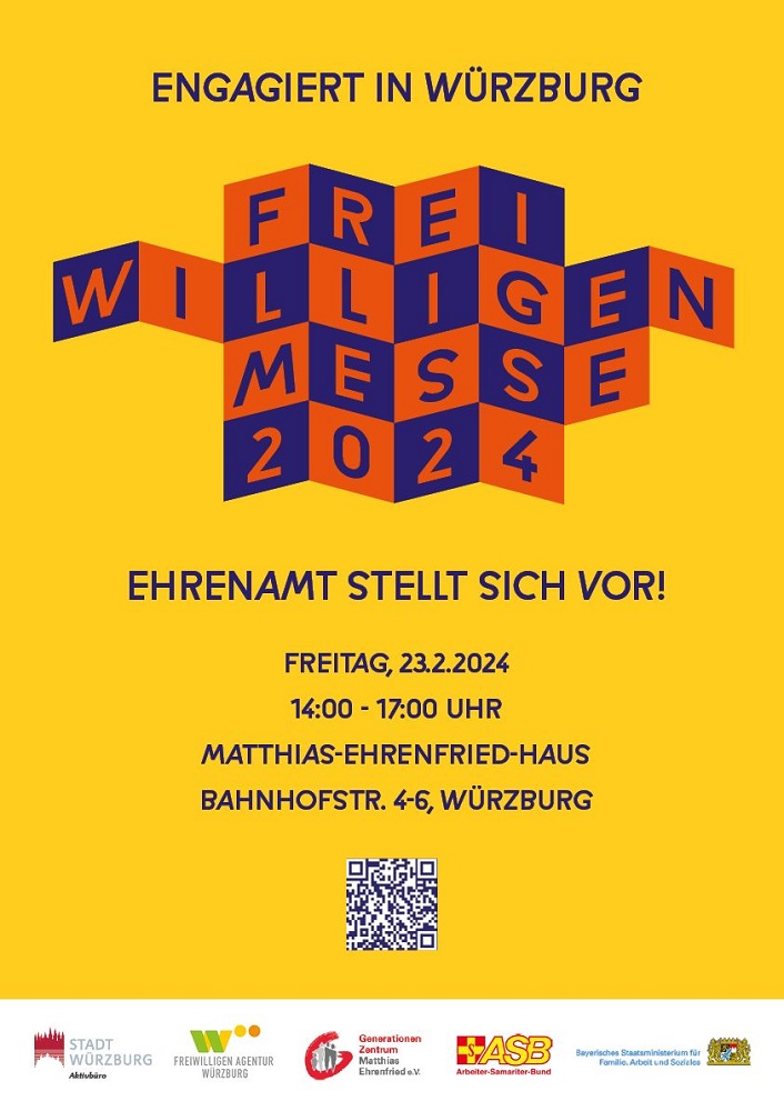 Plakat der Freiwilligenmesse 2024 rote Schrift auf gelbem Grund